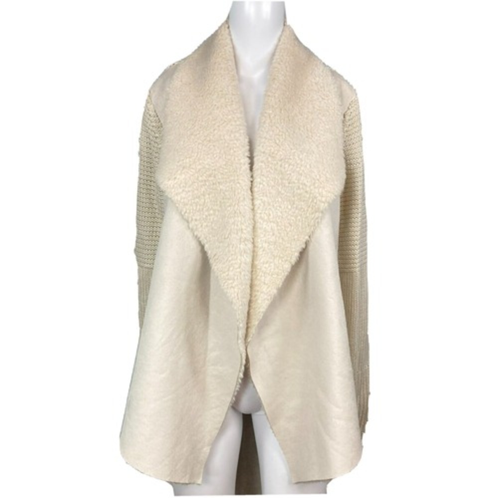 Chelsea & Theodore Cardigan Sz L Ivory Faux Suede Sherpa Shawl‎ Collar Knit